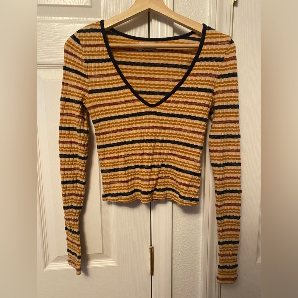 Urban Outfitters Mustard & Black Striped V-Neck Ribbed Long-Sleeve Top